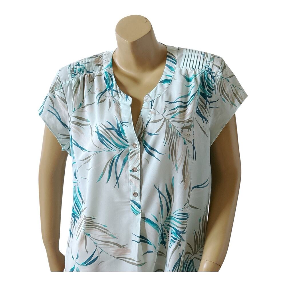 Croft & Barrow Blouse Womens XL Tropical Blue Palm Leaf Split Neck Popover Top - Picture 5 of 8